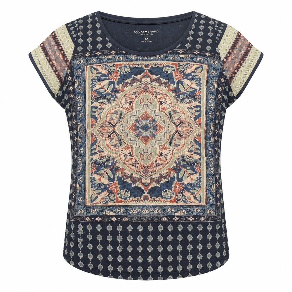 Lucky Brand Womens 2X Navy Blue Medallion‎ Tile Print Boho Slub Knit T-Shirt Top